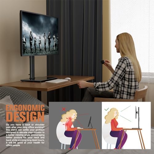 Single Monitor Stand Freestanding 27-43 Inch Monitor Arm Curved Screen Monitor Mount Tempered Glass Base Adjustable Motion Tilt -15° to 10° Swivel ±45° Rotation 360° Weight Capacity 77lbs HT05B-003