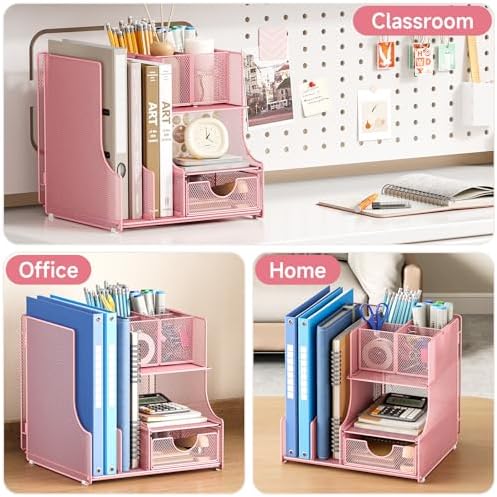 Lavatino Desk Organizer – 4-in-1 Pink Mesh Office Supplies Organizer with Pen Holder, File Holder, Desktop Tray, and Drawer for Home, Office, Classroom