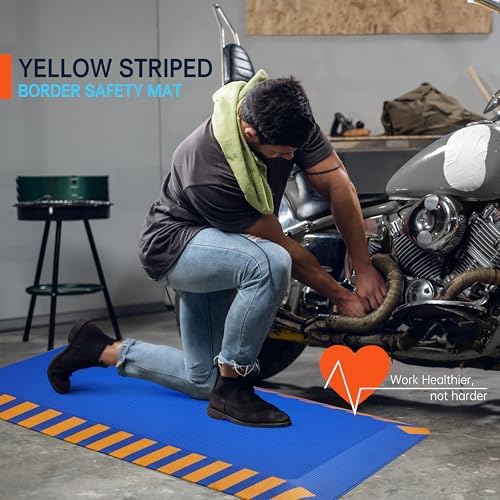 FEATOL Anti Fatigue Mat Industrial, Ergonomic Standing Floor Mat for Work for Stand, Safety Support for Leg & Back Pain(Blue with Yellow Border, 17" x 24", 2PC)