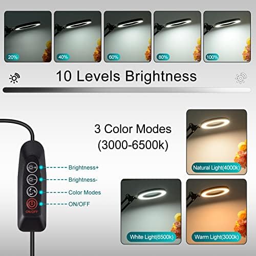 YOUKOYI LED Magnifying Lamp Metal Swing Arm Magnifier Lamp- 10 Levels Brightness, 3 Color Modes, 5X Magnification, 4.1" Diameter Glass Lens, Adjustable Industrial Clamp for Reading/Office/Work (Black)