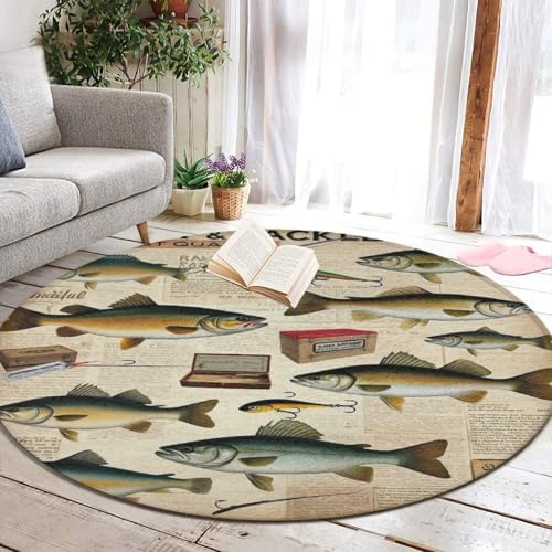 Fashion Round Area Rug Large Non Slip Carpet Unisex Home Decor Mat Farmhouse Fishing