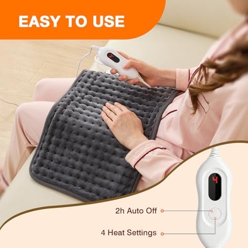 Dry & Moist Heating Pad for Back, Neck, Shoulders, Knees, Period Cramps, Sore Muscles, Soft Electric Heating Pad, Fast Heating,4 Heat Levels, Auto-Off, Machine Washable,Perfect Gifts (Grey,12"x24")