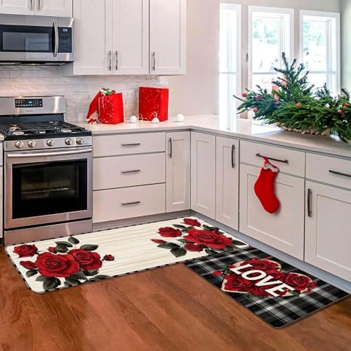 Kitchen Mats for Floor, 2PCS Waterproof Non-Slip Cushioned Anti Fatigue Red Kitchen Rugs Washable Absorbent Comfort Kitchen Floor Mat for Sink Farmhouse Laundry Home Office