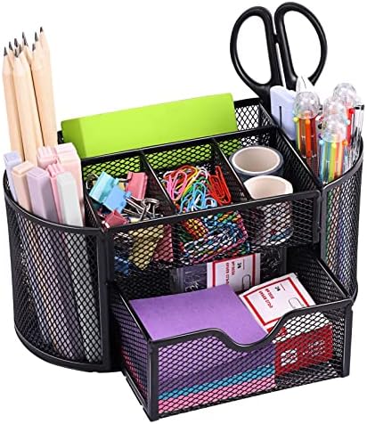 EOOUT Desk Organizer Black Mesh Pencil Holder 8 Compartments 1 Drawer