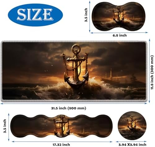 4 in 1 Mouse Pad Combo, Large Gaming Mouse Pad + Keyboard Wrist Support + Mouse Wrist Rest + Coaster, Table Pad 31.5 "x 11.8" with Memory Foam Ergonomic Wrist Pad Set, Waves and Anchors