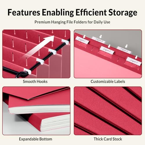SUNEE Hanging File Folders, 25 Pack Letter Size Hanging File Folders with 1/5-Cut Tabs, Ideal for Home and Office Organization and Papers Classification,Red