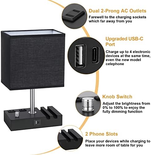 Black Table Lamp for Bedroom - Stepless Dimmable, USB C+A, 2 AC Outlets