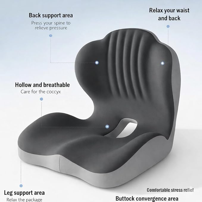 Ergonomic L-Shaped Memory Foam Seat Cushion with Lumbar Support, Designed to Help Relieve Tailbone, Coccyx & Lower Back Pain for Office,Truck, Car & Travel (Grey)