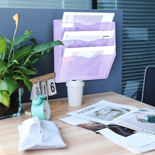 3 Pockets Mesh Wall File Holder Organizer Office Hanging File Folder Magazine Rack, Nametag Label Hooks Set Included (Purple)