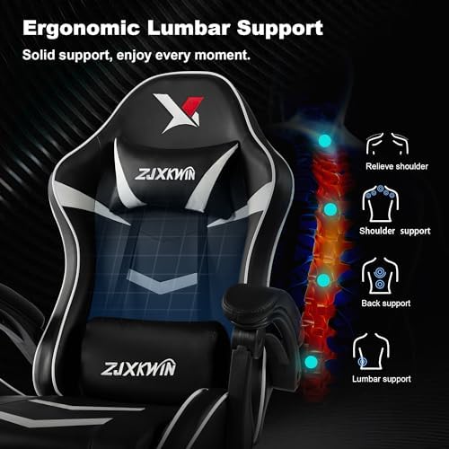 Ergonomic Gaming Chair for Adults, Reclining Computer Office Desk Chair with Footrest, Pocket Spring Cushion,Linkage Armrests, Lumbar Support & Headrest, Heavy-Duty Enlarged Metal Base,White