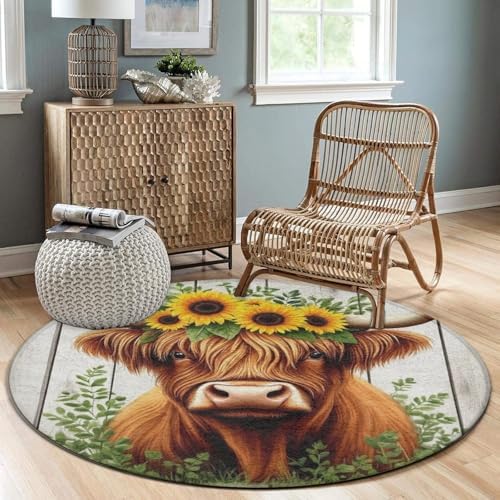 Fashion Round Area Rug Large Non Slip Carpet, Wooden Sunflower Highland Cow Unisex Home Decor Mat