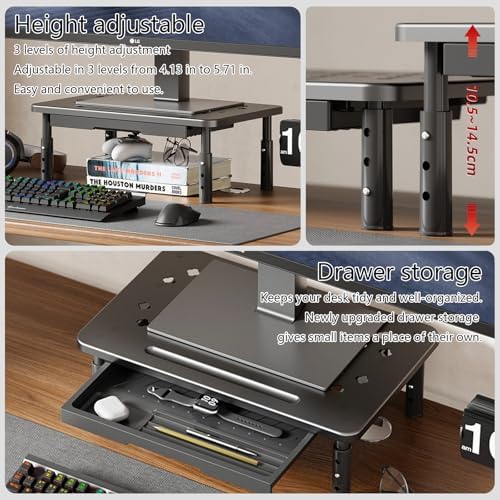 Ergonomic Monitor Stand Riser with Drawer, 3 Height Adjustable (3.9/4.7/5.5 inch) Heavy Duty Carbon Steel+PE Computer Desk Organizer with Storage for Laptop Printer Dual Screens, 14.6 x 9.1 inch (Black)