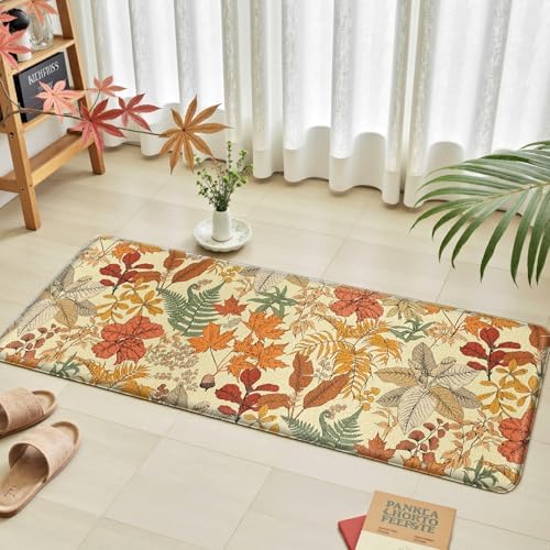 2Pc Botanical Kitchen Rugs Set, Orange Brown 17.3"x28" + 17.3"x47"