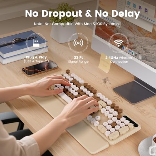 Wireless Keyboard, Round Keycaps, Retro Typewriter Keyboard with Magnetic Wrist Rest, Sleep Mode, Foldable Legs, 2.4GHz Full-Size Cordless Computer Keyboard for Windows PC, Laptop (Beige & Brown)