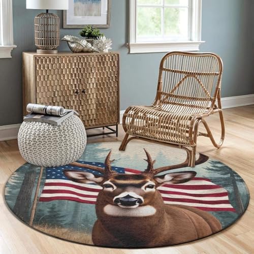 Men's Large Home Decor Mat, Soft Round Yoga Carpet, Non Slip Machine Washable Home Office Circle Rug American Flag Hunting Camo Tree Deer