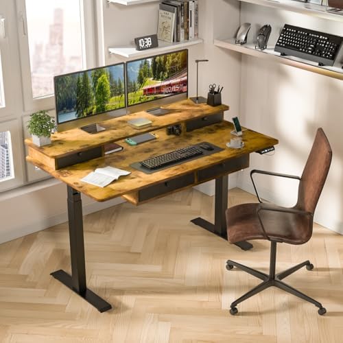Kingant Electric Standing Desk with 4 Drawers, Height Adjustable 55"x 30"