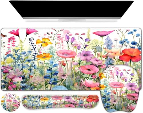 Large Mouse Pad with Wrist Support 4in1 Set, XXL Game Mousepad +Keyboard Wrist Rest+Mouse Wrist Rest+Coaster Ergonomic Design Gaming Mat for Home Office Table Computer I Gorgeous Rose Plants