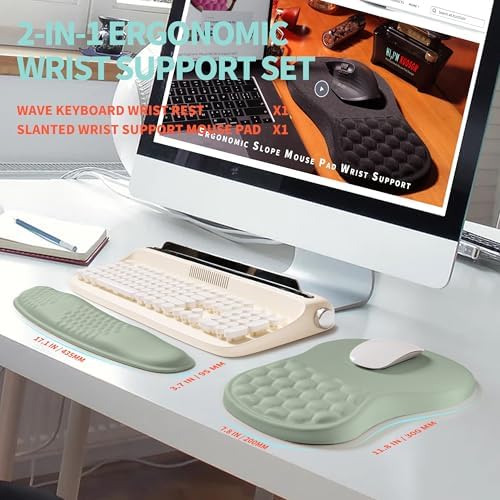 2-in-1 Ergonomic Set, Wave Rise Keyboard Wrist Rest and Massage Bulge Slope Mouse Pad Wrist Support, Cushion Memory Foam Integrated to Relieve Wrist Pain, Light Green