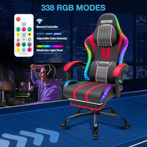 HOFFREE LED Gaming Chair with Bluetooth Speaker RGB Lights Game Chair-Red