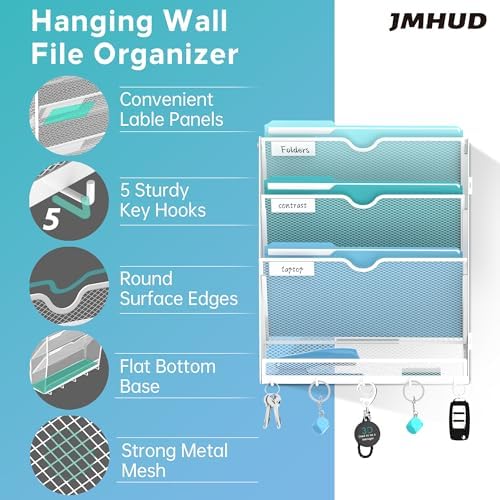 4-Tier Wall File Organizer and Mail Organizer with 5 Hooks, White