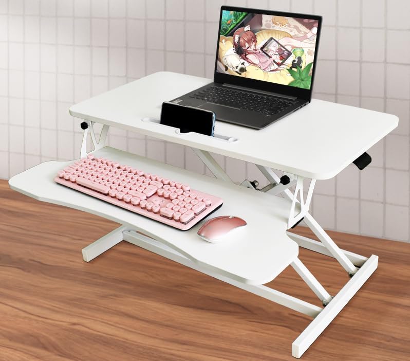 32 Inch Desk Converter, Height Adjustable Sit to Stand Riser, Dual Monitor and Laptop Workstation with Wide Keyboard Tray Xmas,Gift for Mother's Day (White)