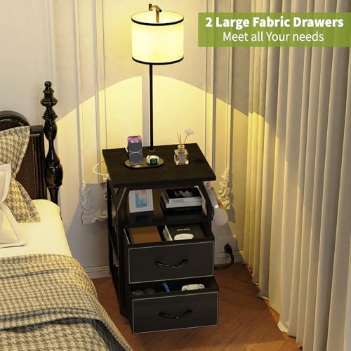 runjuly Floor Lamp with Table, End Table with Charging Station&Light, Black