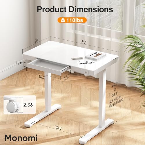 Monomi 35x20" Glass Electric Standing Desk with Drawer and Wheels, White