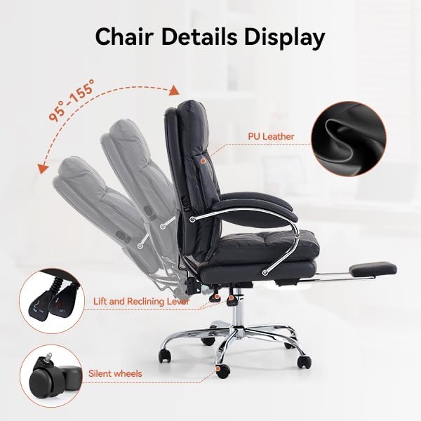 LEAGOO Office Chair with Foot Rest, Ergonomic Executive Office Chair with Arms, Reclining High Back PU Leather Comfy Swivel Computer Desk Chairs with Wheels (Inky‌)