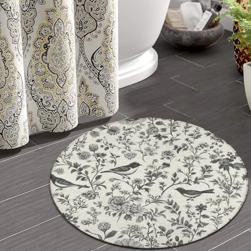 Soft Round Yoga Carpet, Large Home Decor Mat, Non Slip Machine Washable Kitchen Office Circle Rug Flower Bird Floral