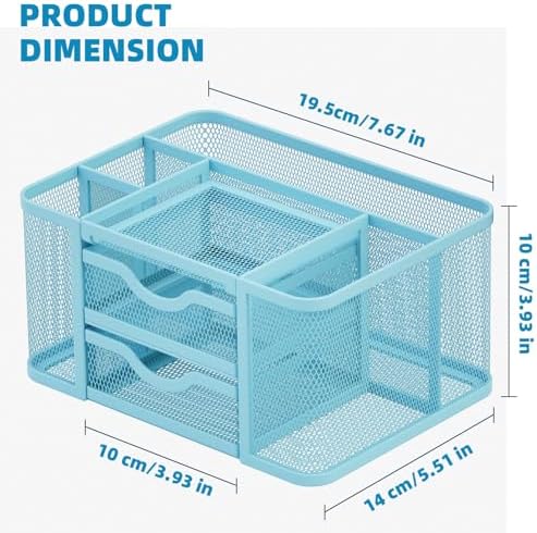 Marbrasse Mesh Desk Organizer, Pen Organizer with 2 Drawer, Multi-Functional Pencil Holder, Desk Organizers and Accessories with 5 Compartments + Drawer for Office Art Supplies (Blue)