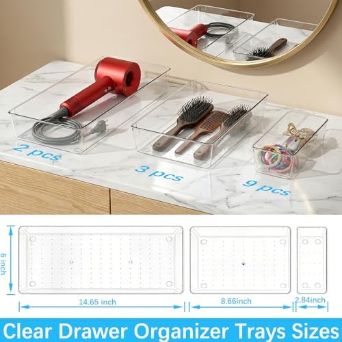 Manalete 14 Pcs Plastic Drawer Organizer with 2 pcs 15"x6" Vanity Organizer