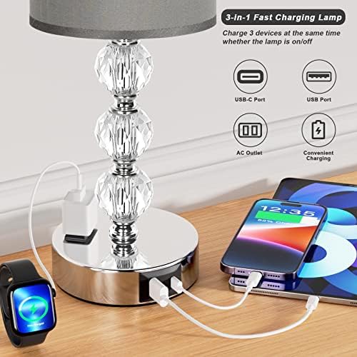 Grey Touch Bedside Lamps for Bedrooms - Crystal Table Lamp with USB C+A Charging Port and AC Outlet Nightstand, 3 Way Dimmable Silver Small End Side Table Lamp for Living/Guest/Dinning Room/Kitchen