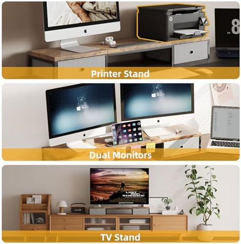 39 Inch Dual Monitor Stand Riser with 2 Drawers - Large Brown Wooden Computer Stand for 2 Monitors, Ergonomic Desk Organizer with Phone Holder, Desktop Storage for Laptop, Office Supplies, Home Office
