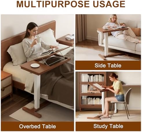 Muwuele Solid Wood Overbed Bedside Table with Wheels, Adjustable Medical Tilt Top Hospital Bed Table Over The Bed, Rolling Laptop Desk, Mobile Standing Desk for Hospital and Home Use (Walnut)
