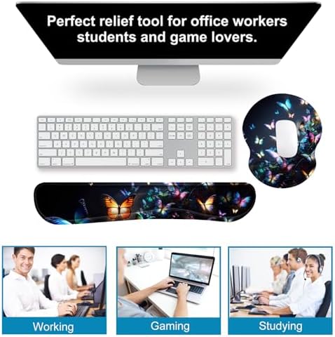ARTSO Ergonomic Mouse Pad with Wrist Rest, Comfortable Keyboard Wrist Rest, Memory Foam Mousepad for Computer Keyboard, Mouse Pad Set for Easy Typing, Pain Relief, Night Butterfly
