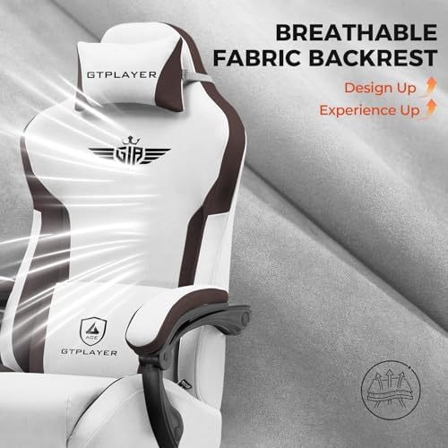 GTPLAYER Gaming Chair Fabric with Footrest, Big and Tall Game Chair High Back Computer Office Chair with Lumbar Support for Adults, Ergonomic Swivel Games Chair with Cushion Gaming Brown