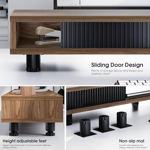 Fenge Dual Monitor Stand with Storage, Desk Shelf with Glass Sliding Door