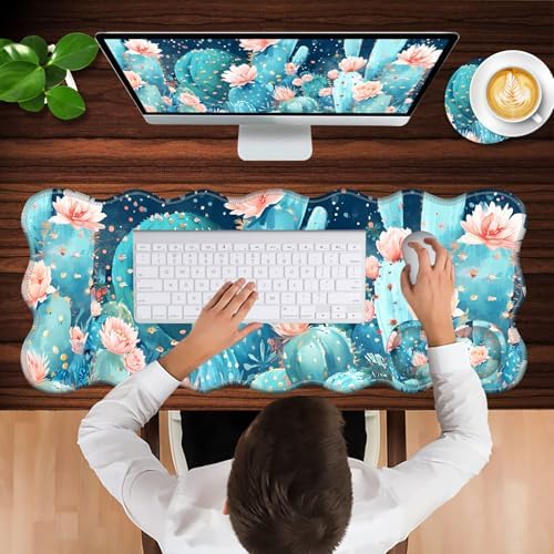 Mouse Pad with Wrist Support + Desk Mat + Coaster 3 in 1 Set, XL Large Gaming Mousepad Ergonomic Mouse Pads for Desk Computer Laptop Office,Cute Cactus