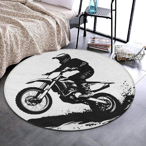 Women's Large Home Decor Mat, Soft Round Yoga Carpet, Non Slip Machine Washable Home Office Circle Rug Motocross Racer Extreme Sports Printed Dirt Bike