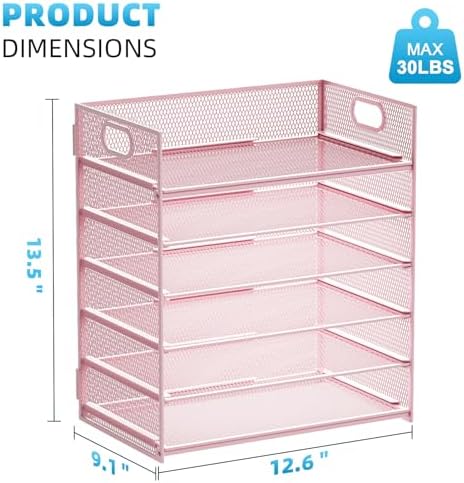 Marbrasse 2 Pack Desk Organizer with Handle, 6 Tier Paper Letter Tray, Mesh Desk File Organizer for Office, School and Home - Pink