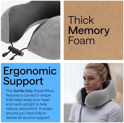 GORILLA GRIP Travel Neck Pillow for Airplanes, Travel Essentials, Gray