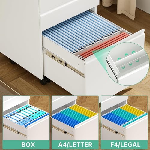 Bonusall 【Fully Assembled 3 Drawer White File Cabinet, Fully Assembled Metal Rolling Filing Cabinet with Lock, Under Desk Drawer Filing Cabinets for Home Office Fit A4/Letter/Legal