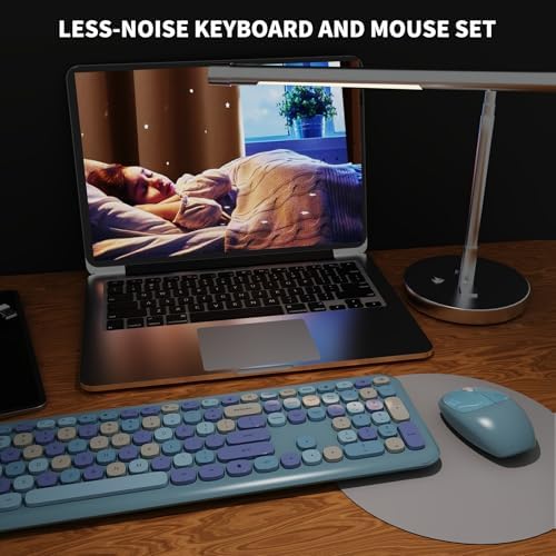 SkyGive Wireless Keyboard and Mouse Combo, Colorful Ergonomic Full Size Quiet Retro Low-Noise Keyboard with Cute Keycaps, Slim Design for Windows PC, Perfect for Home and Office (Serene Light Blue)