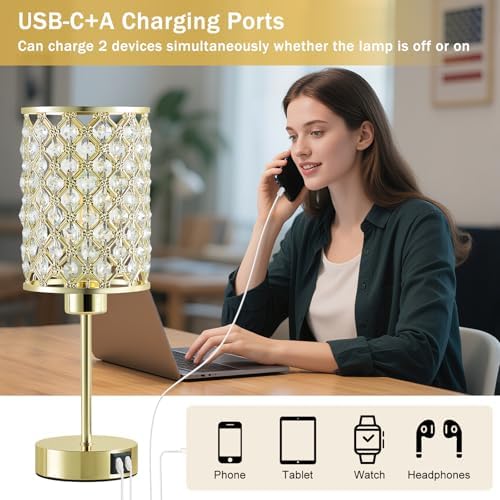 GyroVu Gold Crystal Bedside Table Lamps Set of 2 with USB C+A Ports
