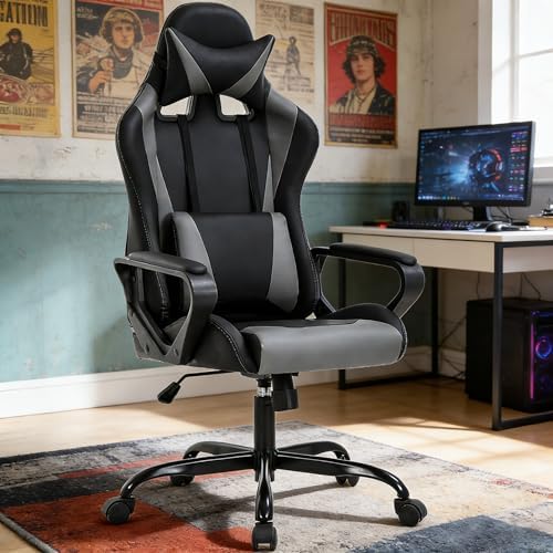 Dkeli PC Gaming Chair Office Chair Racing Desk Chair with Lumbar Support Arms Headrest Massage High Back PU Leather Ergonomic Computer Chair Rolling Adjustable Swivel Chair for Women Men Adult, Grey