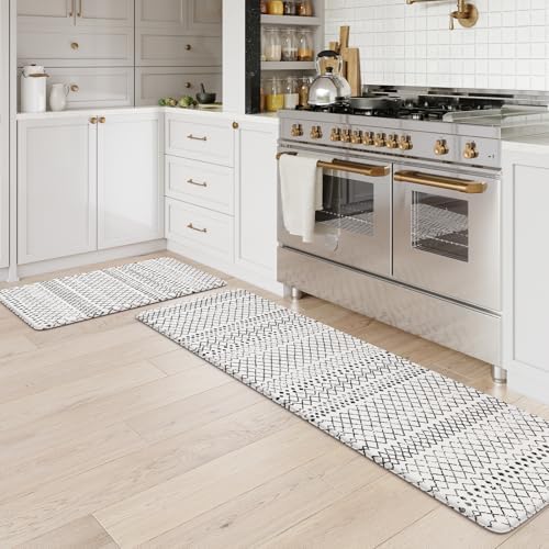 KIMODE Anti Fatigue Kitchen Mat for Floor,Kitchen Rugs Set of 2 Black/White
