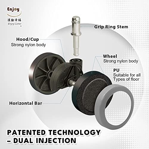 Enjoy Caster | 3 Inch Office Chair Casters for Herman Miller Aeron Steelcase Leap Chair | Dual Injection Polyurethane Wheels for Hardwood Floors | Universal Stem Size 7/16" Office Chairs (7506BUB-16)