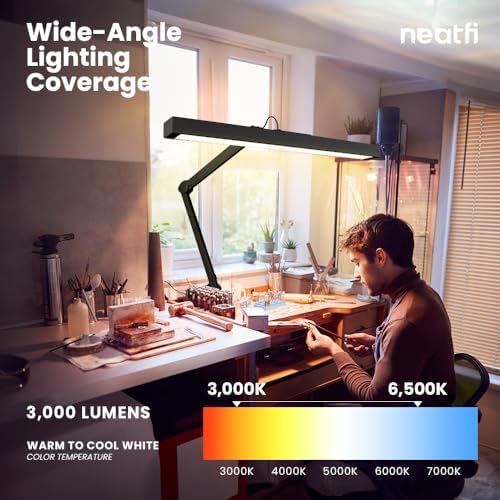 Neatfi 3,000 Lumens Ultra LED Desk Lamp with Clamp, 30W Dimmable Monitor Light, 5 Brightness Levels & 5 Light Modes (Black, 28 Inches with Metal Arm)