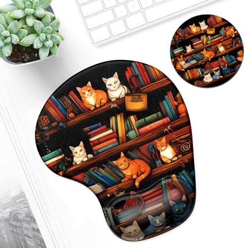 ITNRSIIET Ergonomic Mouse Pad Coaster Set with Gel Wrist Support Wrist Rest Smooth Surface Non-Slip PU Base Comfortable Office Supplies Pain Relief, 9.5 x 8.3 inches, Cat on the Desk