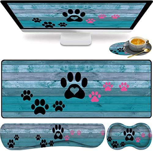 Large Gaming Mouse Pad, Keyboard Wrist Rest pad + Mouse Wrist pad + Coaster Set Extended Waterproof Non-Slip Table mat Suitable for Home Office Learning Games - Black and Pink Dog Paw Prints